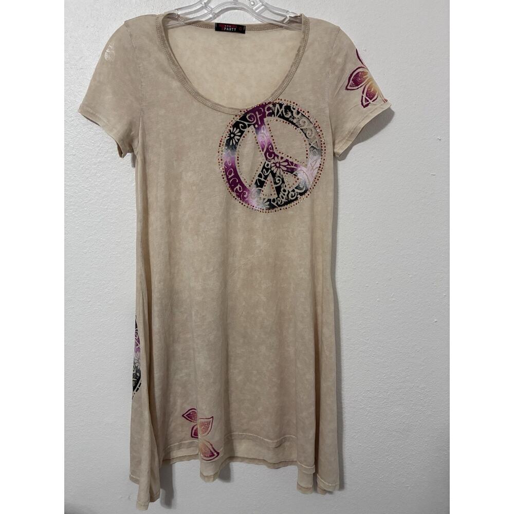 T-Party Y2K Dress Peace Sign Beige Asymmetrical Small USA Made